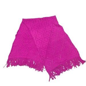 Handmade Hand Knit Shawl Wrap Scarf Blanket Hot Pink Magenta 24" X 66" Fringe